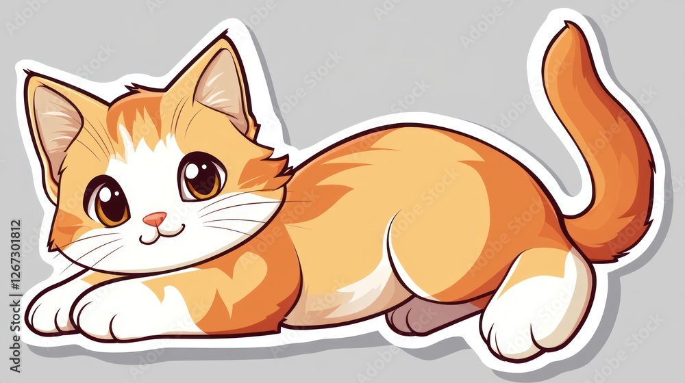 Obraz premium Playful orange cat cartoon illustration lies on ground, looking cute. For kids' books