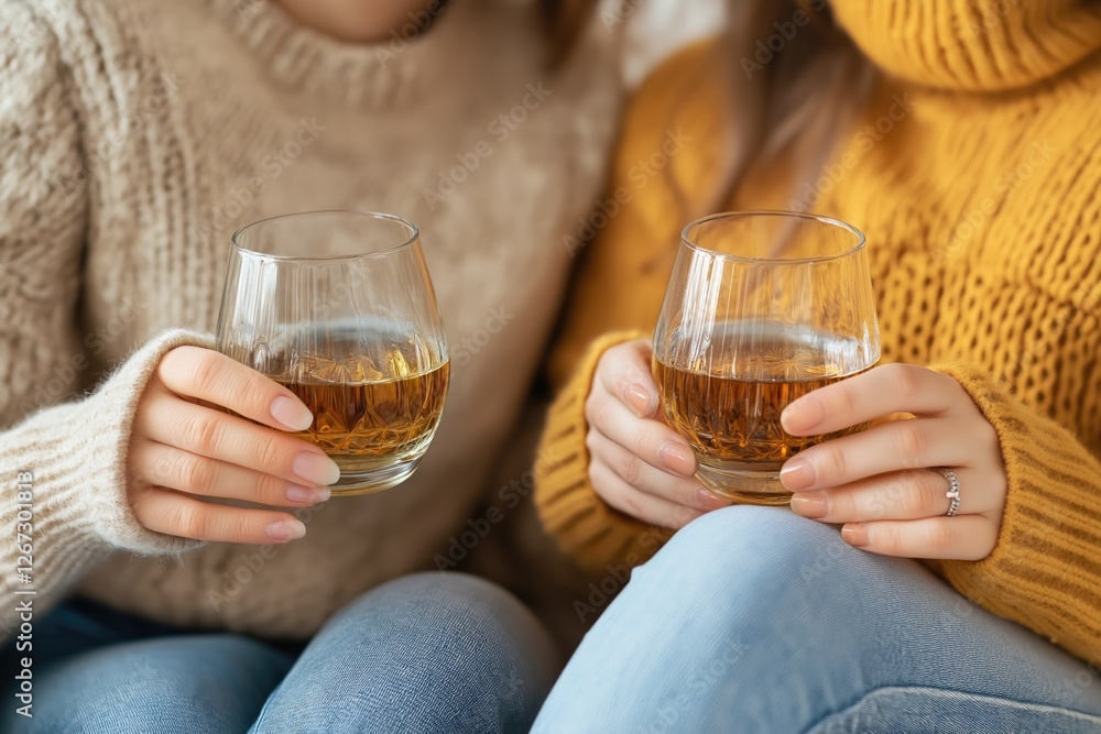 Two friends enjoying a warm drink together, wrapped in cozy sweaters, creating a sense of comfort, friendship, and relaxation. Two friends enjoying a warm drink together, wrapped in cozy sweaters, creating a sense of comfort, friendship, and relaxation.