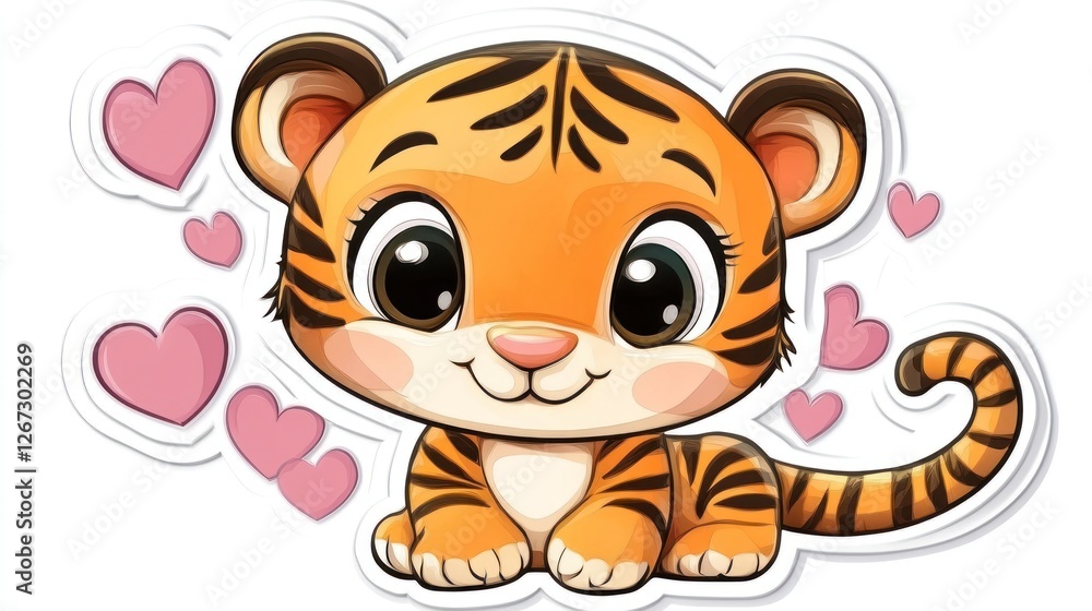 Obraz premium Cute tiger cub with hearts for Valentine's Day or baby shower invitation and card background