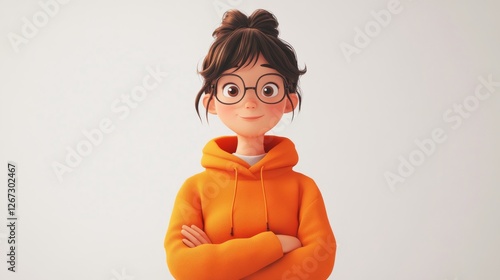 Confident Cartoon Girl in Orange Hoodie with Arms Crossed