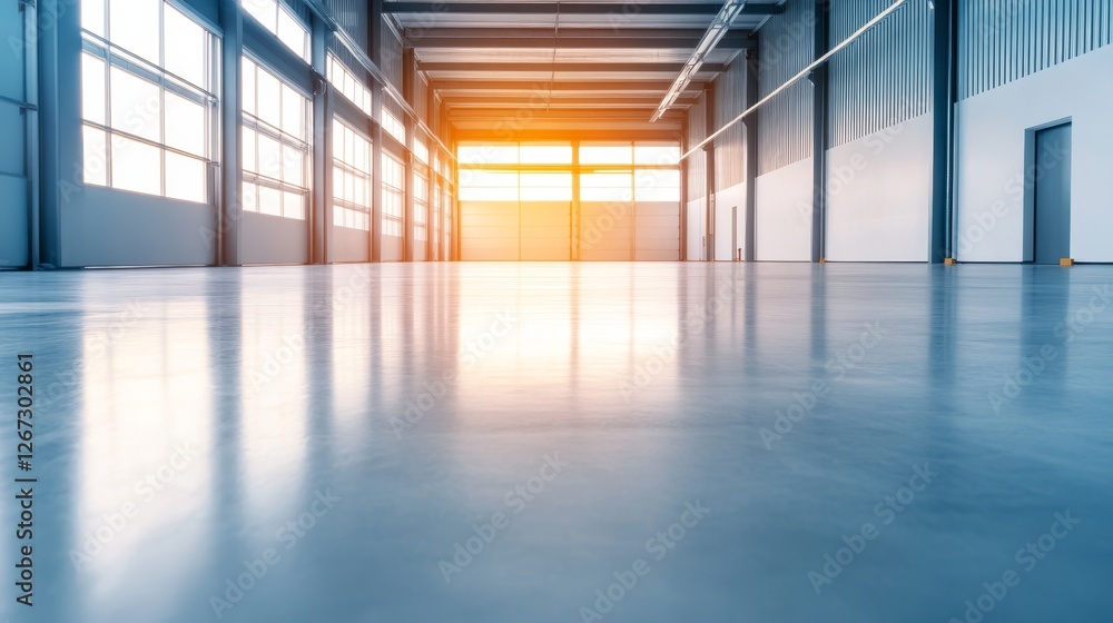 Spacious industrial interior with polished floor, large windows, and warm sunset lighting Spacious industrial interior with polished floor, large windows, and warm sunset lighting