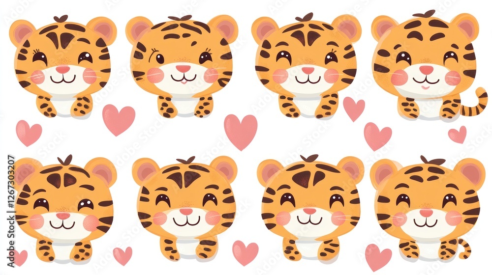 Adorable tiger cubs with hearts background, perfect for kids' room decor Adorable tiger cubs with hearts background, perfect for kids' room decor