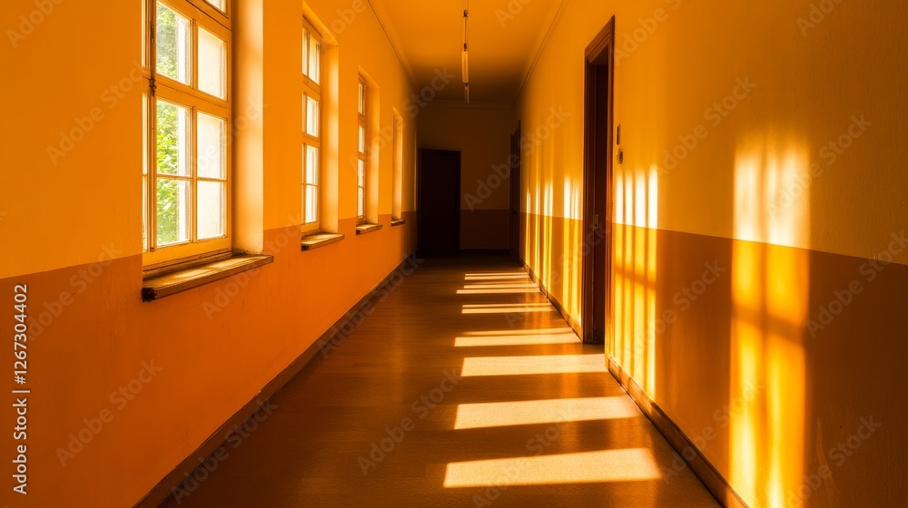 Sunlit corridor with warm orange walls and shadows, evoking a serene atmosphere Sunlit corridor with warm orange walls and shadows, evoking a serene atmosphere