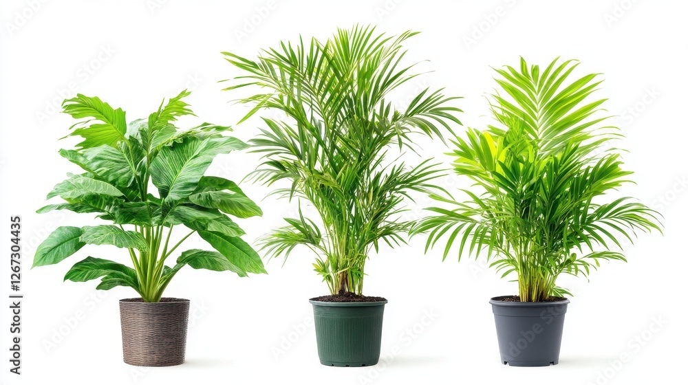 Tropical Palm Trees in Elegant Pots on White Backdrop - Isolated Green Plant Collection Tropical Palm Trees in Elegant Pots on White Backdrop - Isolated Green Plant Collection