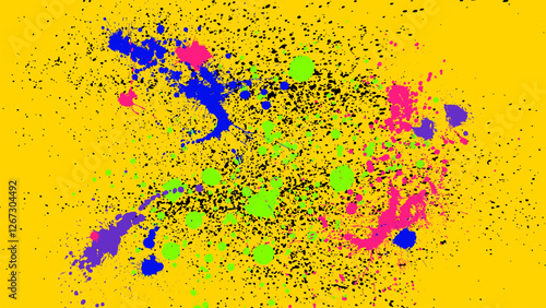 Abstract grunge yellow background with colorful splashes of paint scattered messy.