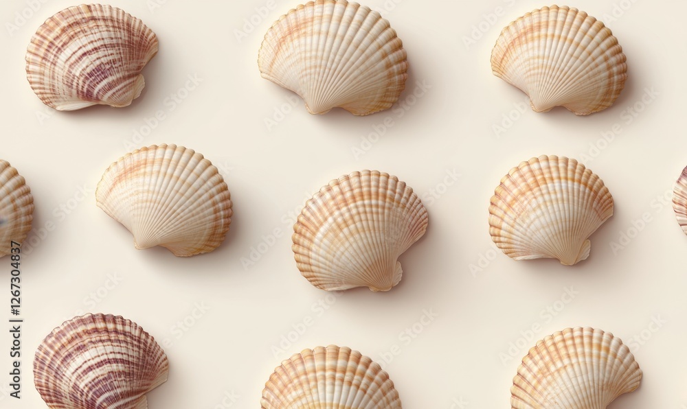 A seamless pattern of various seashells arranged on a light background, perfect for marine-themed designs A seamless pattern of various seashells arranged on a light background, perfect for marine-themed designs