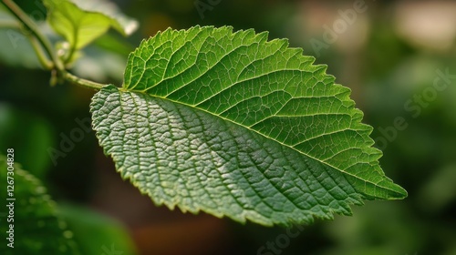 Close-up vibrant green leaf, sunlight, garden background, nature photography photo