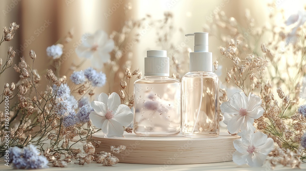 Skincare products displayed with flowers; soft lighting; website banner or advertisement Skincare products displayed with flowers; soft lighting; website banner or advertisement