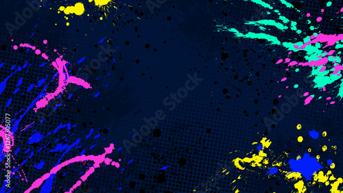 Dark grunge background with multicolored reflective paint splattered.