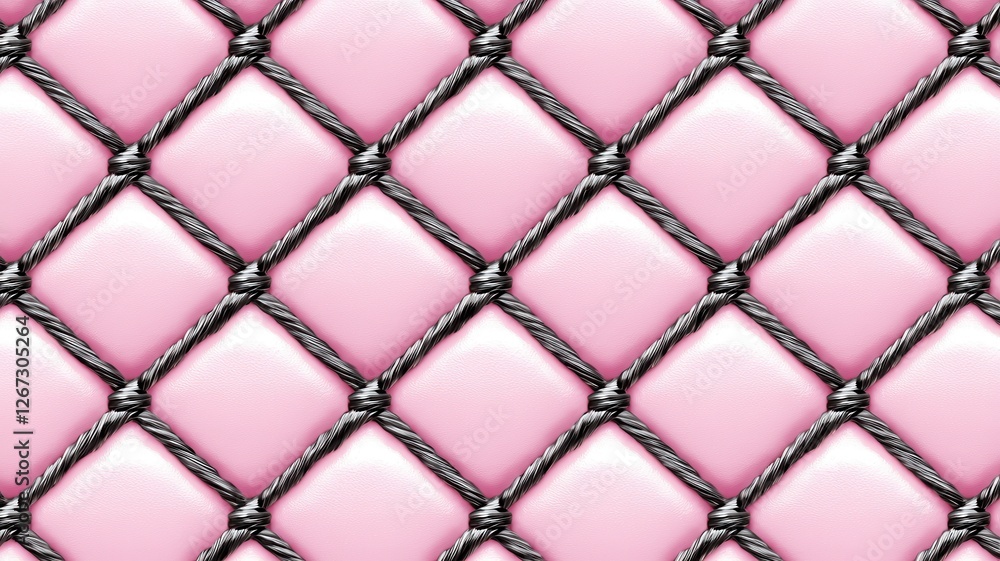Fototapeta premium Pink Leather Upholstery Texture with Black Diamond Stitch Pattern Seamless Background