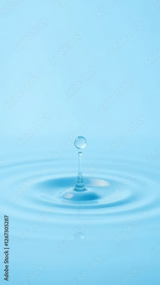 Single water droplet falls on a light blue background, water, surface Single water droplet falls on a light blue background, water, surface