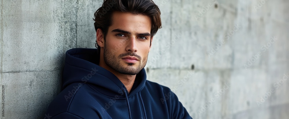 Fototapeta premium Handsome man, urban wall, hoodie, serious gaze