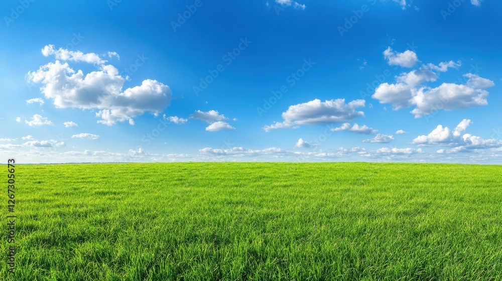 Vibrant Aerial View of a Green Meadow Under a Clear Blue Sky with Fluffy Clouds Vibrant Aerial View of a Green Meadow Under a Clear Blue Sky with Fluffy Clouds