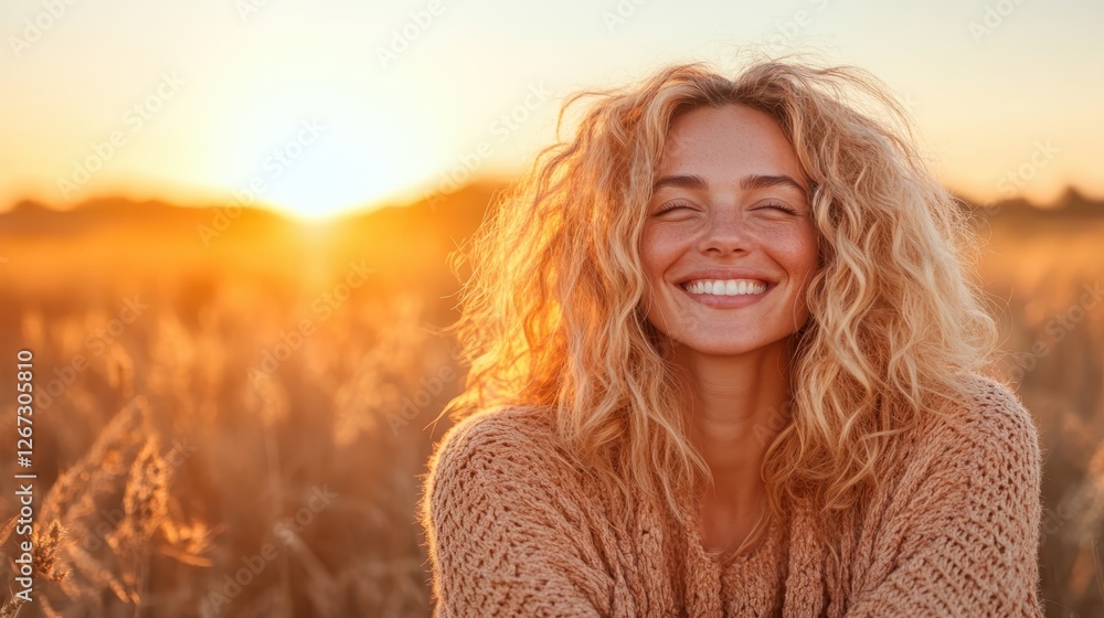 A joyful woman with curly hair is enjoying the vibrant orange sunset in a field, embodying happiness and the carefree spirit of nature and self-expression. A joyful woman with curly hair is enjoying the vibrant orange sunset in a field, embodying happiness and the carefree spirit of nature and self-expression.
