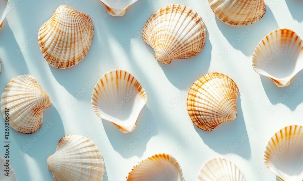 A serene arrangement of seashells on a light blue surface, casting soft shadows, evoking tranquility A serene arrangement of seashells on a light blue surface, casting soft shadows, evoking tranquility