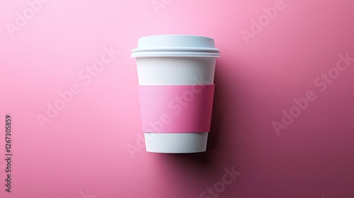 White Coffee Cup With Pink Sleeve On Pink Background