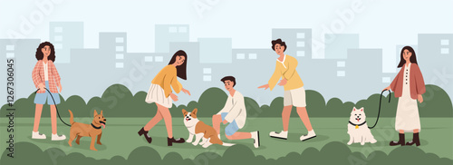 People playing with puppy illustration. People with dogs playing in the urban park. Woman walking with dog. Man walking with dog. Spring season. Summer season. Playing with friends and pet.