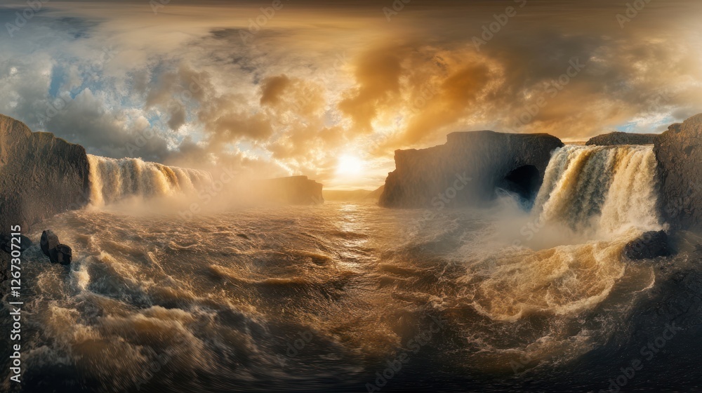 Iceland waterfall sunset panorama, dramatic clouds, travel Iceland waterfall sunset panorama, dramatic clouds, travel