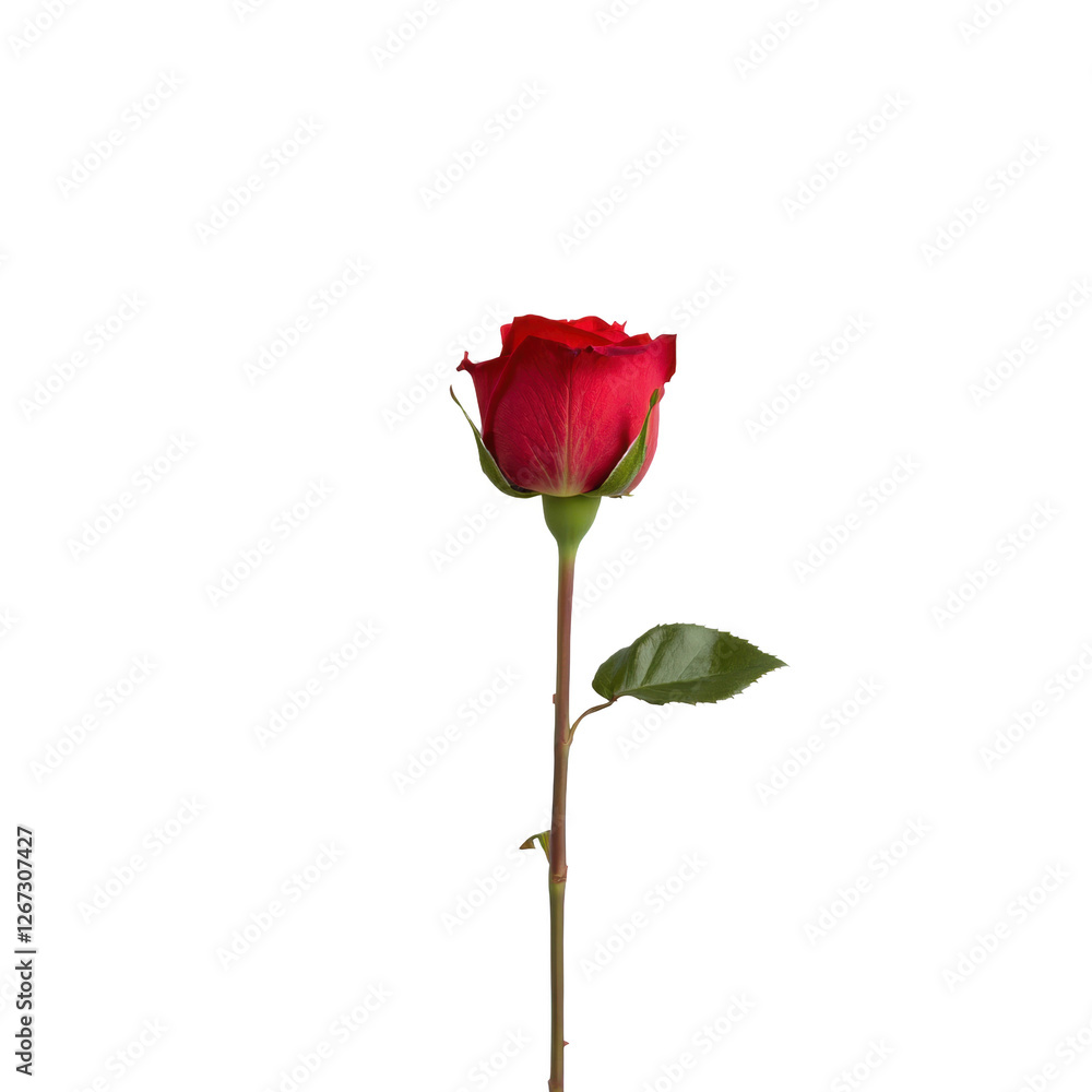 A single red rose is standing tall on a white background. The rose is the main focus of the image, and it is the only object in the scene. The white background creates a sense of simplicity A single red rose is standing tall on a white background. The rose is the main focus of the image, and it is the only object in the scene. The white background creates a sense of simplicity