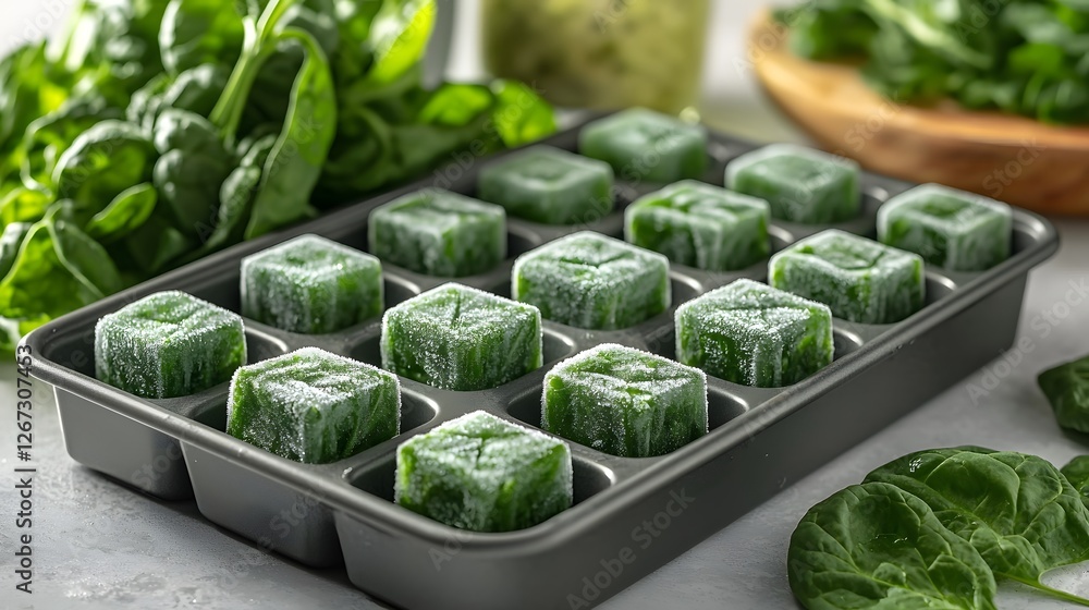 Crisp Lush Nutritious, Frozen Spinach Cubes in Ice Cube Tray with Lush Leafy Textures in Minimalist Botanical Arrangement Crisp Lush Nutritious, Frozen Spinach Cubes in Ice Cube Tray with Lush Leafy Textures in Minimalist Botanical Arrangement