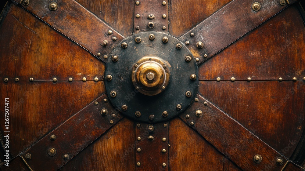 Fototapeta premium Antique wooden wheel, metal accents, close-up, industrial background, design texture