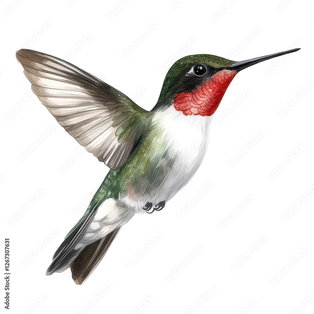 Fototapeta premium Beautiful hummingbird with iridescent feathers in mid-flight against a clear backdrop. transparent background