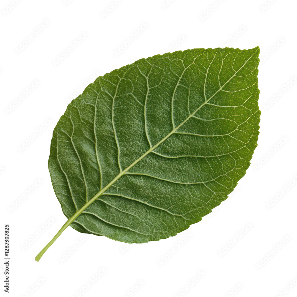 Obraz premium A leaf is shown in its natural form, with no other elements in the image. The leaf is green and has a distinct vein pattern. Concept of simplicity and natural beauty, as it focuses solely on the leaf