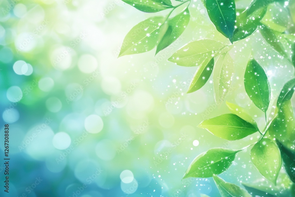 Lush green leaves shimmering with sunlight and bokeh background in a serene natural setting during daytime. Generative AI Lush green leaves shimmering with sunlight and bokeh background in a serene natural setting during daytime. Generative AI