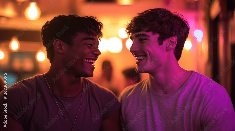 Happy couple laughing, bar, night, lights, romance, dating, relationship, LGBTQ+ Happy couple laughing, bar, night, lights, romance, dating, relationship, LGBTQ+