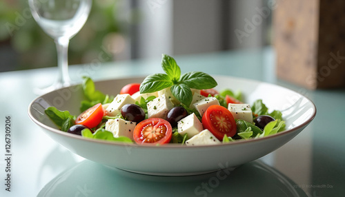 Colorful Mediterranean salad with feta cheese, olives, and cherry tomatoes in a ceramic bowl on a glass dining table, healthy eating concept.