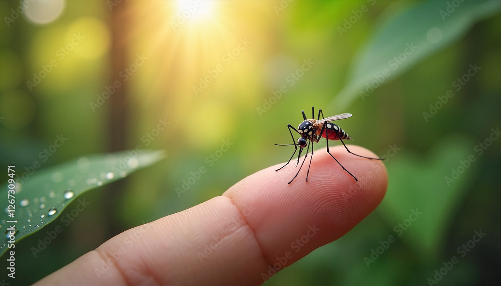 Mosquito perched on a finger against a lush forest backdrop, symbolizing awareness for World Malaria Day. Mosquito perched on a finger against a lush forest backdrop, symbolizing awareness for World Malaria Day.