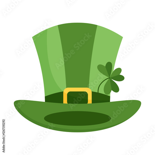 Traditional green leprechaun hat with clover. St. Patrick's Day symbol. Vector illustration on white background.