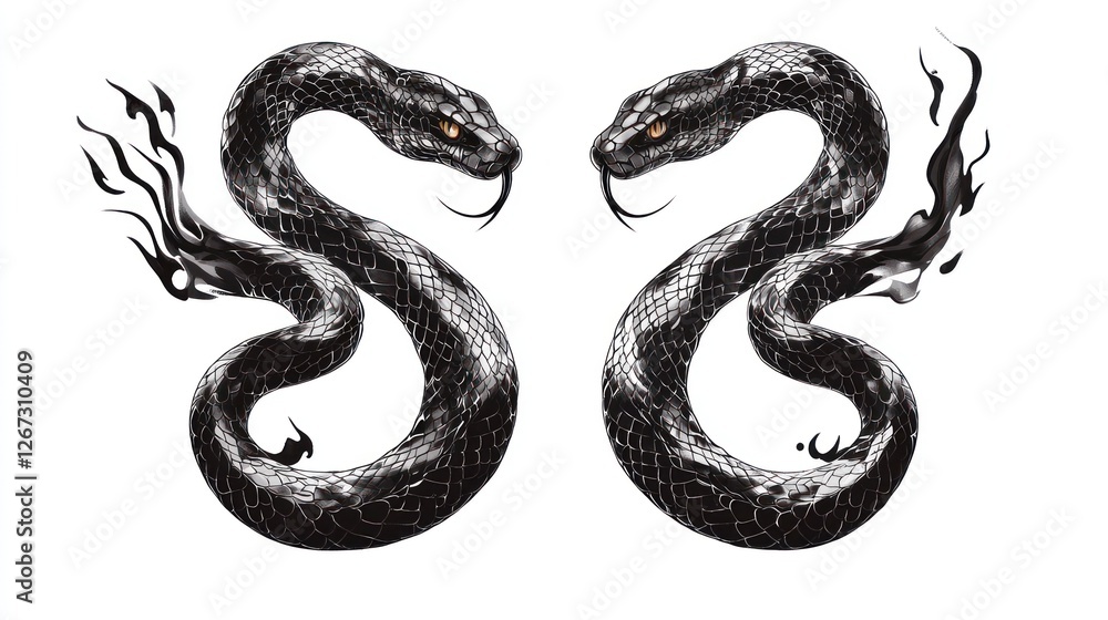 Obraz premium Two black snakes facing each other, flames, tattoo design, white background, body art