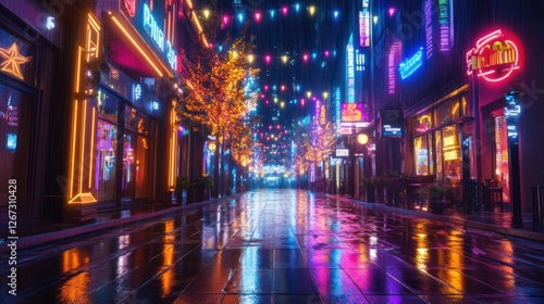 Wallpaper Mural Rainy night street, vibrant neon lights, city, autumn leaves, reflection, background cityscape, website banner Torontodigital.ca