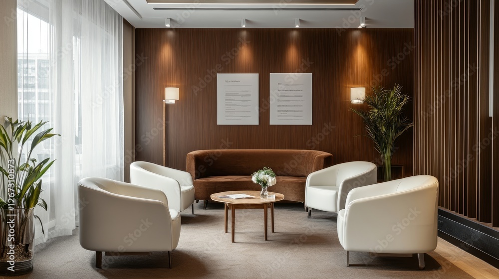 Sophisticated minimalist waiting room with rich brown walls, crisp white chairs, and wood highlights for a cozy yet elegant feel Sophisticated minimalist waiting room with rich brown walls, crisp white chairs, and wood highlights for a cozy yet elegant feel