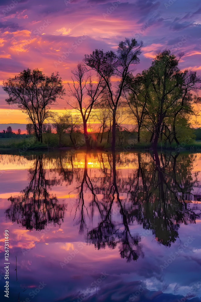 Tranquil Sunset Over Serene Lake with Reflective Waters and Tree Silhouettes in Warm Evening Light Tranquil Sunset Over Serene Lake with Reflective Waters and Tree Silhouettes in Warm Evening Light