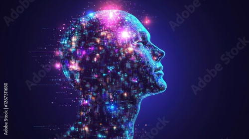Digital head profile, glowing, data streams, AI concept, tech illustration