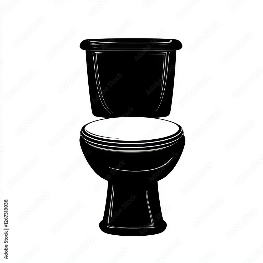 Black and White Illustration of a Modern Toilet Bowl and Tank Black and White Illustration of a Modern Toilet Bowl and Tank