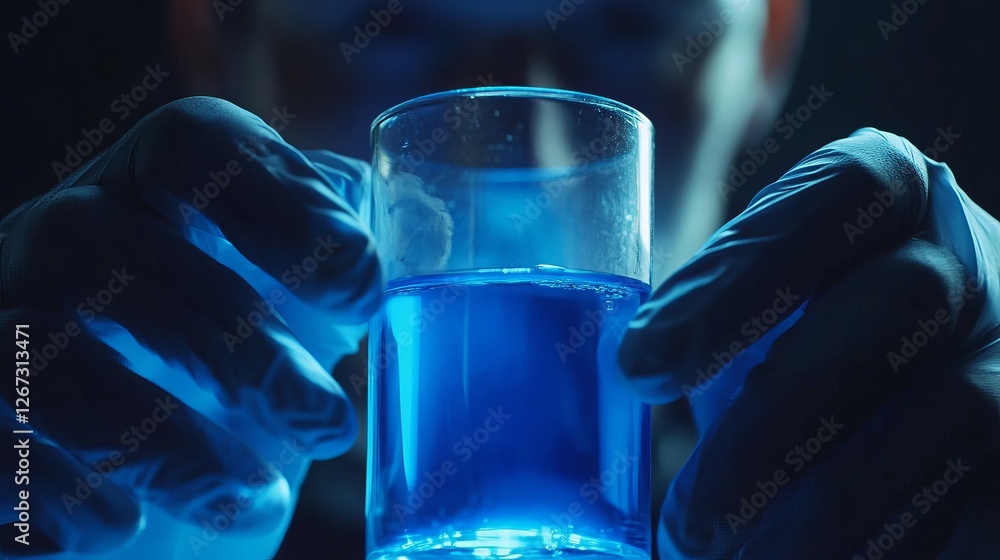 Gloved Hands Hold Glass of Bright Blue Liquid Mysterious Science Experiment Dark Background Professional Lab Research Chemical Analysis Deep Blue Gloved Hands Hold Glass of Bright Blue Liquid Mysterious Science Experiment Dark Background Professional Lab Research Chemical Analysis Deep Blue