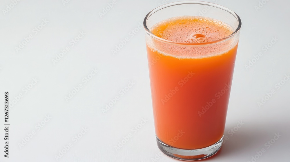 Glass of tomato juice placed slightly off-center on a white background, space for branding or text placement. Glass of tomato juice placed slightly off-center on a white background, space for branding or text placement.