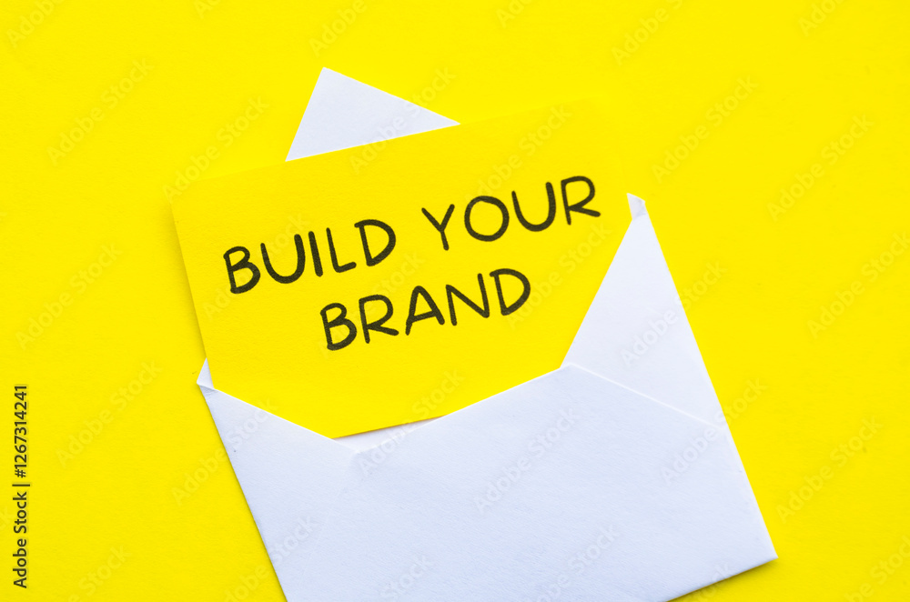 Build Your Brand text on yellow notepad in a white envelope. Business and Branding concept Build Your Brand text on yellow notepad in a white envelope. Business and Branding concept