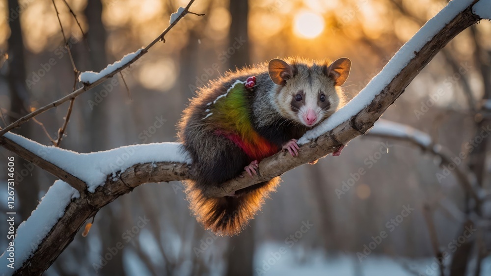A colorful possum perched on a snow-covered branch during sunset. A colorful possum perched on a snow-covered branch during sunset.