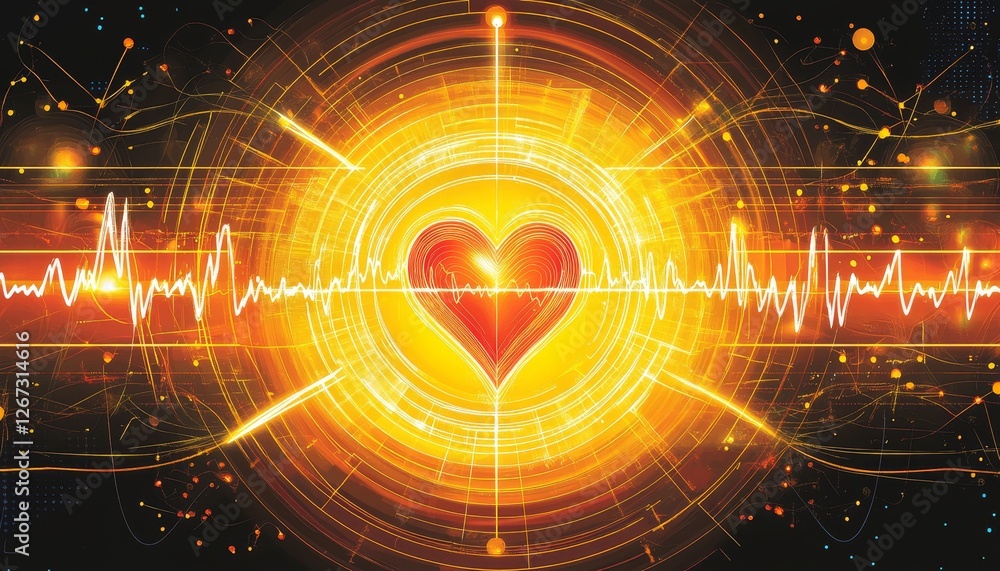Obraz premium Glowing Heartbeat Monitor, Bright Heartbeat Line, Detailed Grid, Intense Yellow Light