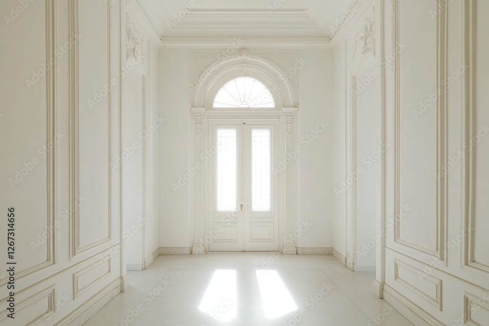 Stylish White Entranceway Design Highlighting A Grand High Ceiling with Inviting Ambiance Stylish White Entranceway Design Highlighting A Grand High Ceiling with Inviting Ambiance