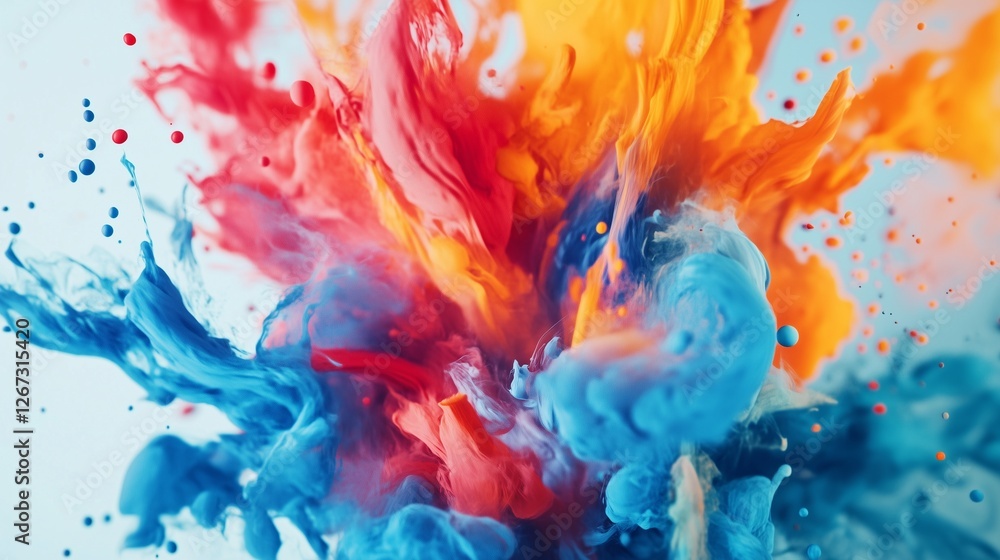 Fototapeta premium Colorful liquid is splashed into the air. Isolated design with colorful paint splashes. A transparent background is a generative element. Vivid liquid is sprayed into lifestyle the air.