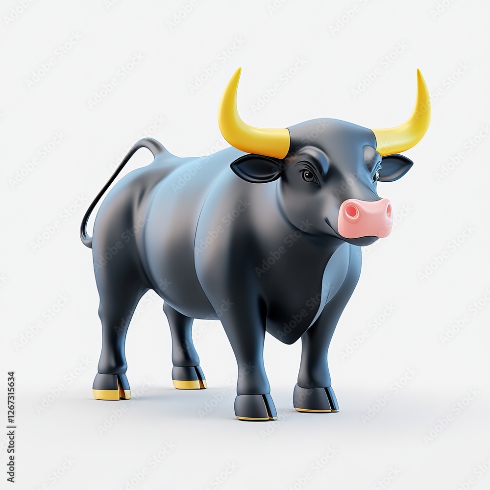 Fototapeta premium A stylized, cartoonish black bull with yellow horns and a pink snout, standing on a neutral background, showcasing a playful and modern design.