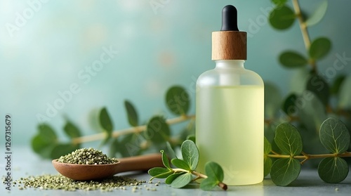 Herbal oil bottle surrounded by green leaves and seeds  