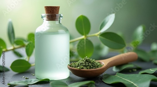 Aroma oil bottle with herbs on a wooden spoon against greenery  