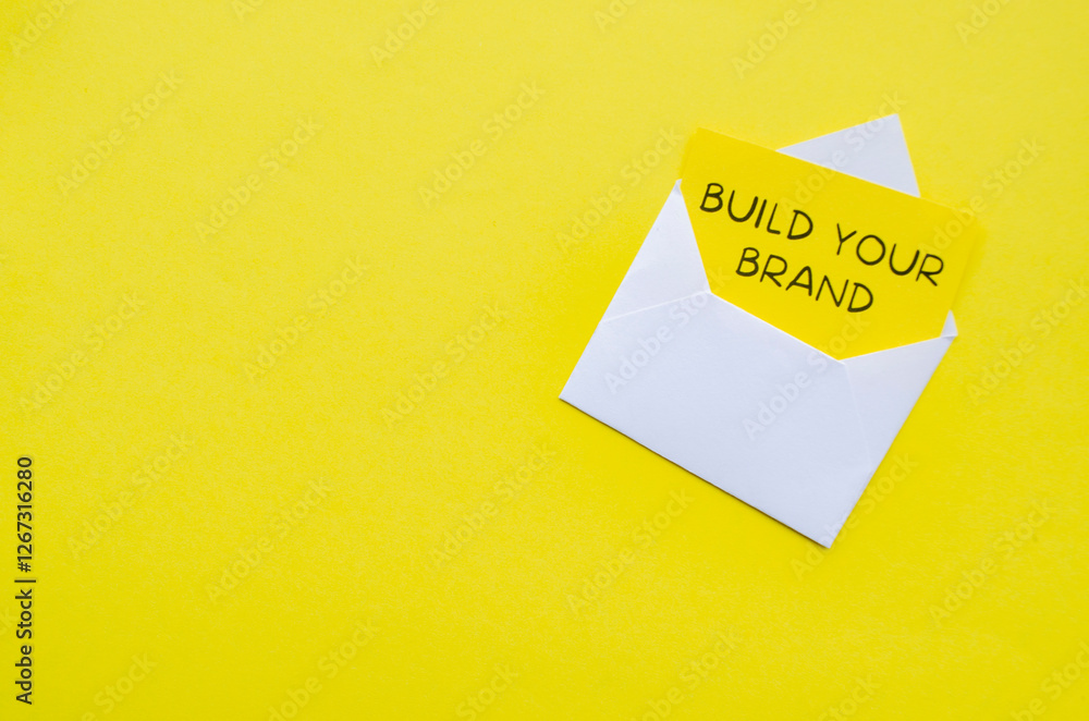 Build Your Brand text on yellow notepad in a white envelope with customizable space for text. Business and Branding concept Build Your Brand text on yellow notepad in a white envelope with customizable space for text. Business and Branding concept