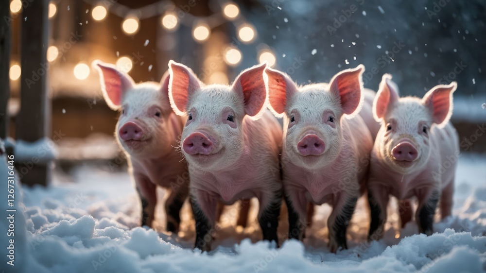 Four piglets standing in the snow, surrounded by soft lights, creating a cozy winter scene. Four piglets standing in the snow, surrounded by soft lights, creating a cozy winter scene.